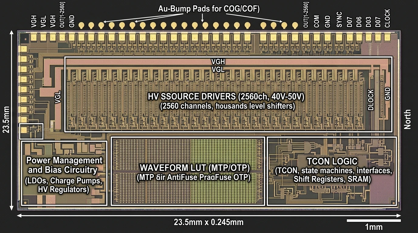 Ultra-High-Voltage E-Paper Display Driver IC (DDIC) silicon die layout showing 40V-50V HV level shifters, dynamic Waveform Look-Up Table (Waveform LUT) MTP/OTP memory, and peripheral gold bumping pads for COG/COF bonding