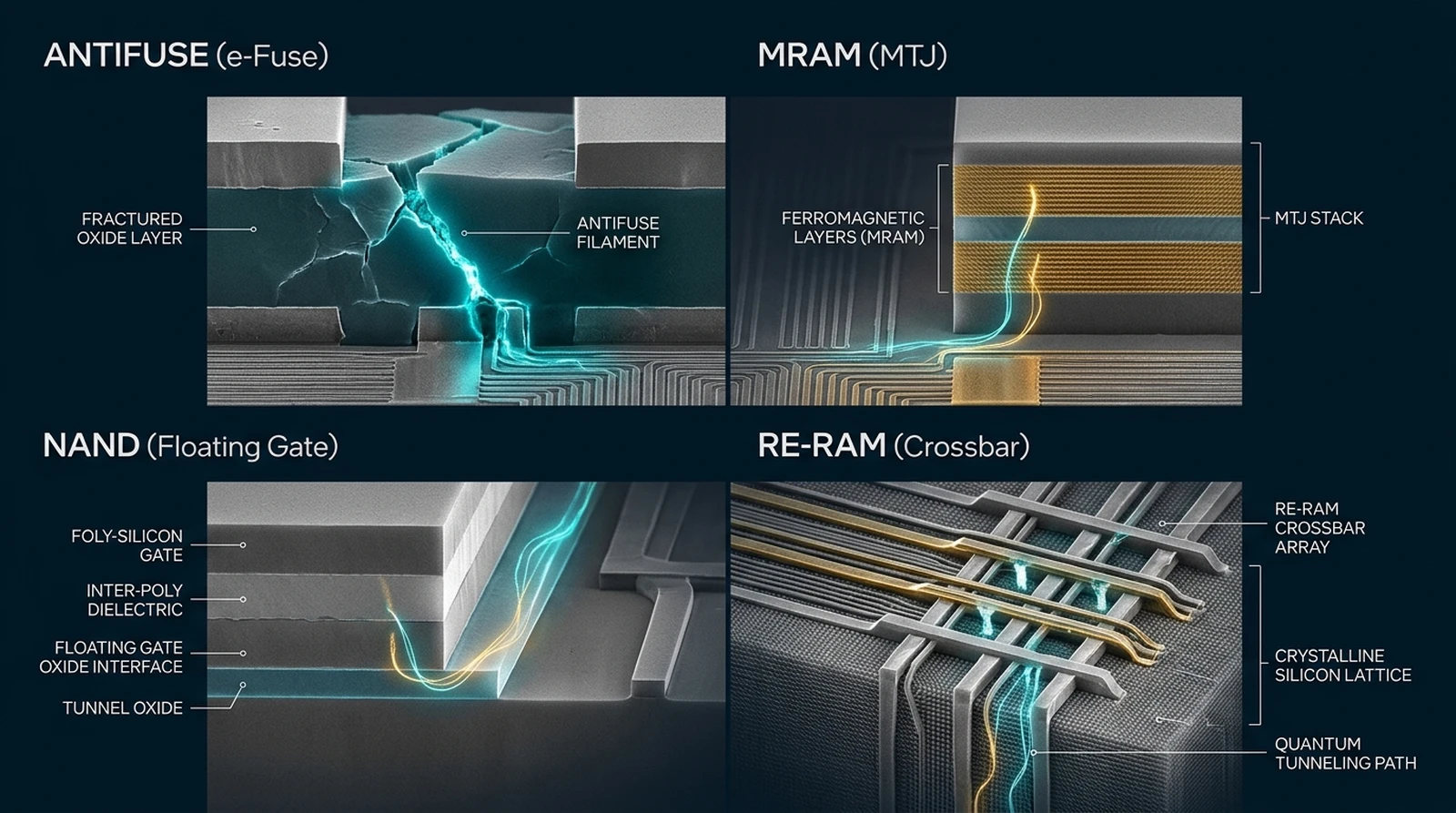 NVM Technology Trade-Off Matrix, silicon wafer and bitcell physics cross-section